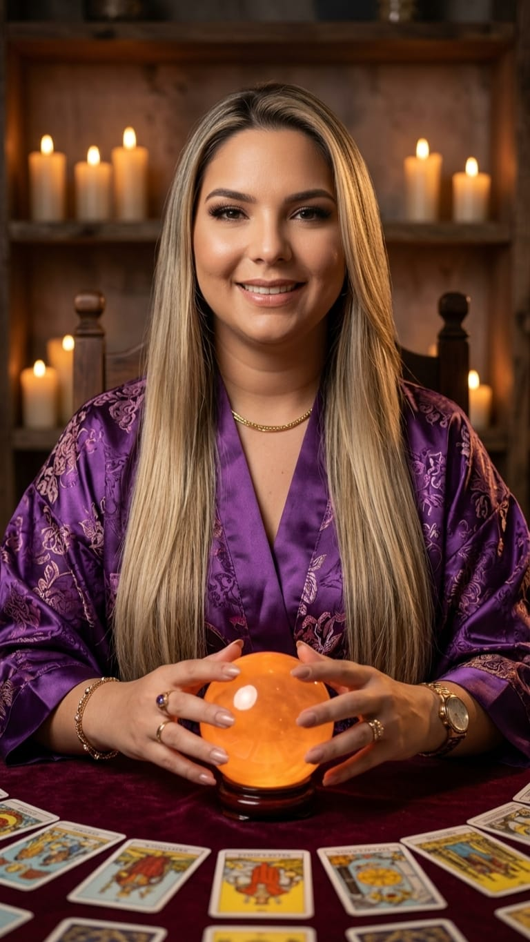Maria Sensitiva com bola de cristal acesa e cartas de tarô
