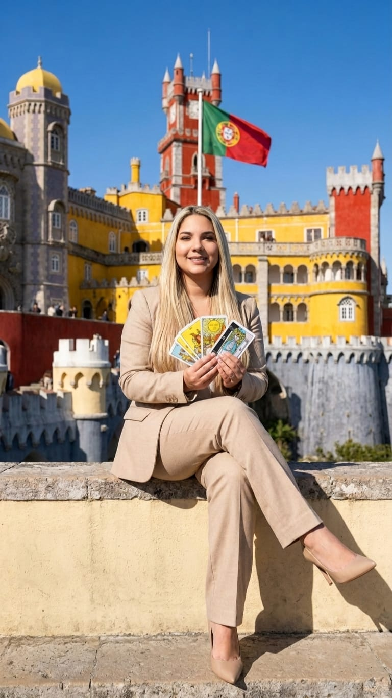 Maria Sensitiva com cartas de tarô no Palácio da Pena, Portugal